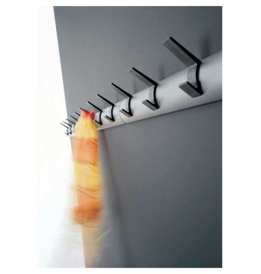 Moderne Wandgarderobe Ellipse von Segis mit mehreren schwarzen Haken an einer silbernen Stange.